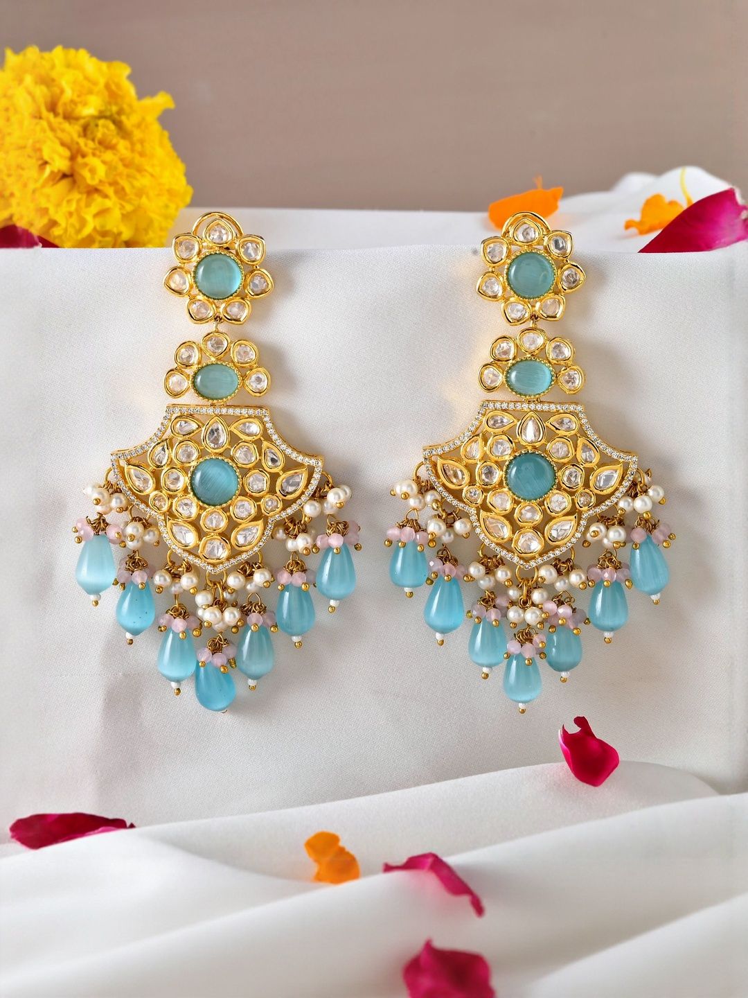 Richlook Rhodium-Plated Kundan Studed And Pearls Beaded Contemporary Drop Earrings-picture-11