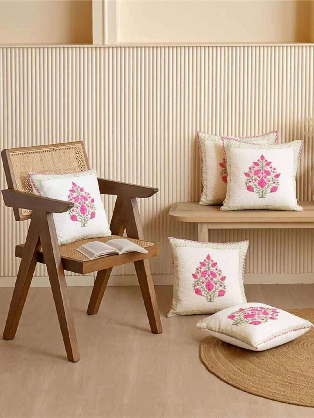 HOMEMONDE Pink & White Set of 5 Floral Square Cushion Covers-picture-16