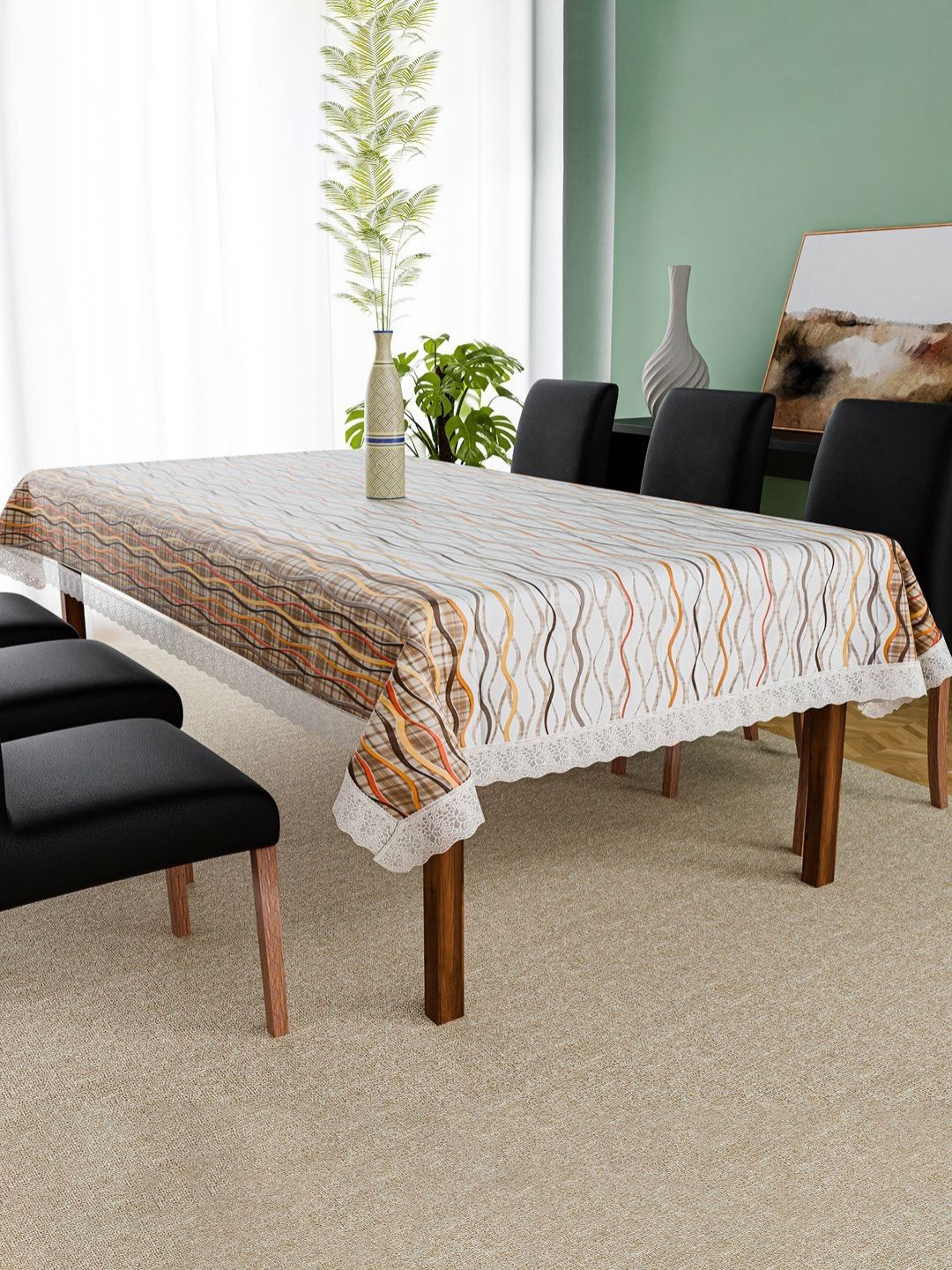 Aura Cream-Coloured & Brown Printed Waterproof 6-Seater Table Cover-image-40
