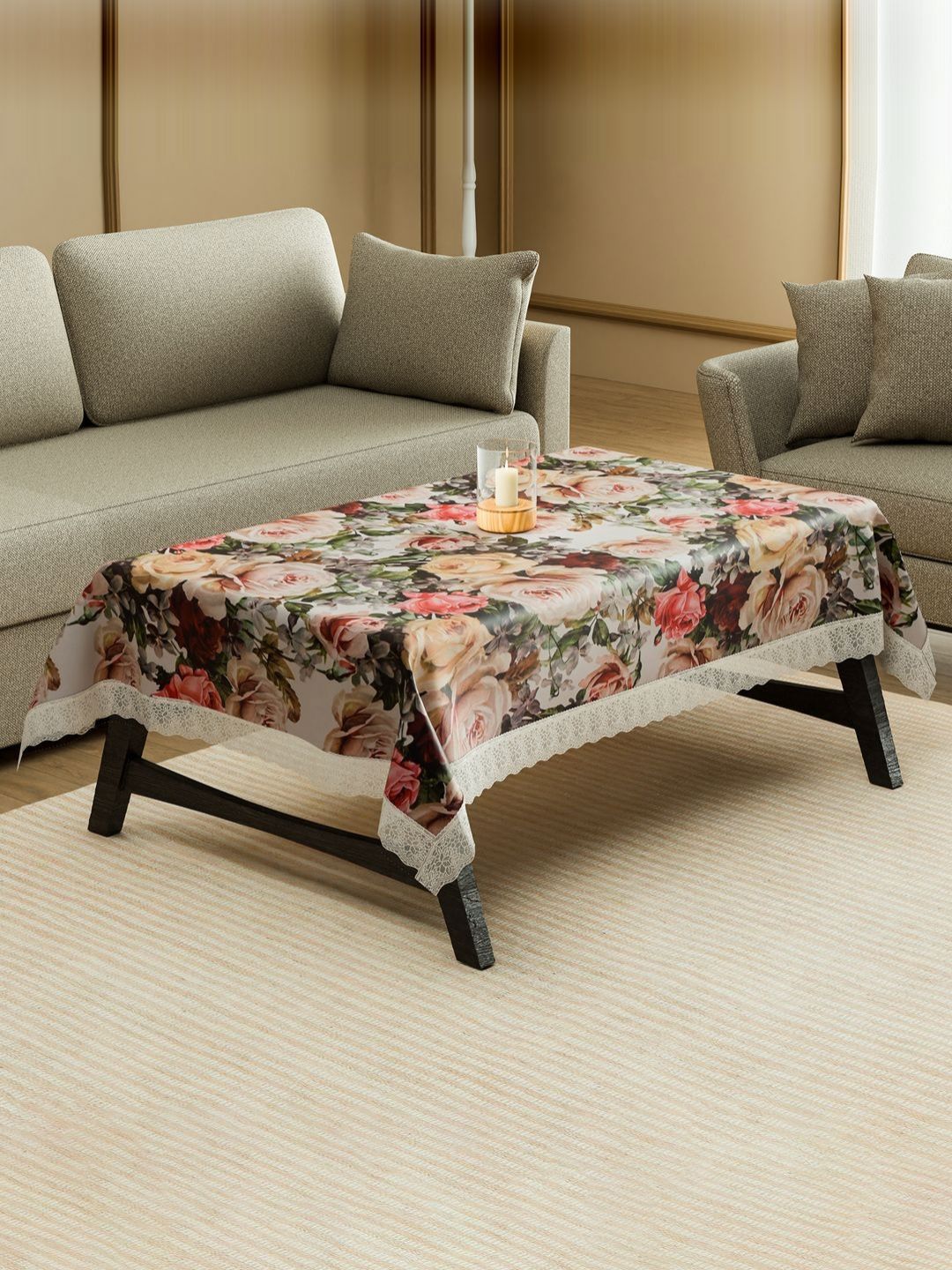 Aura White Floral Waterproof Plastic 4-Seater Table Cover-image-1