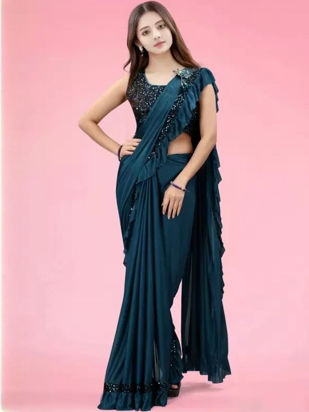 fashion field Solid Sequinned Ruffle Saree-picture-56