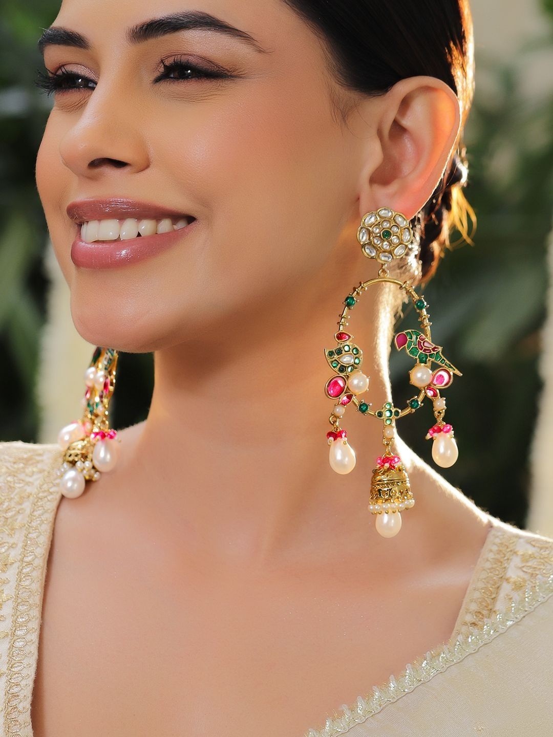 Rubans 22K Gold-Plated White, Red & Green Kundan Stone & Pearl Drops Parrot Motif Earrings-picture-45