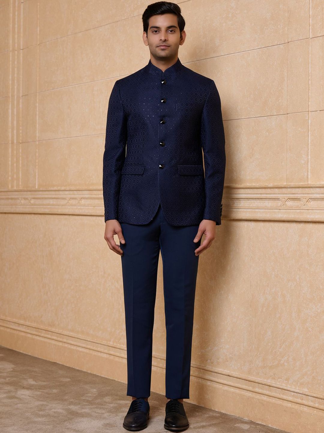 Tasva Self Design Mandarin Collar Jacquard Bandhgala Blazer-picture-28