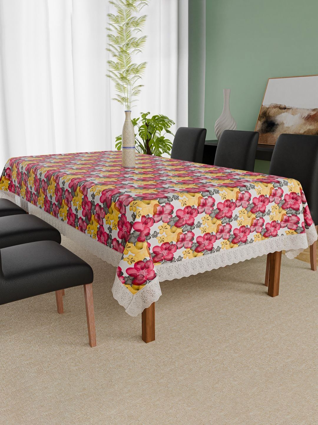 Aura White & Red Floral Printed Waterproof 6-Seater Table Cover-picture-49