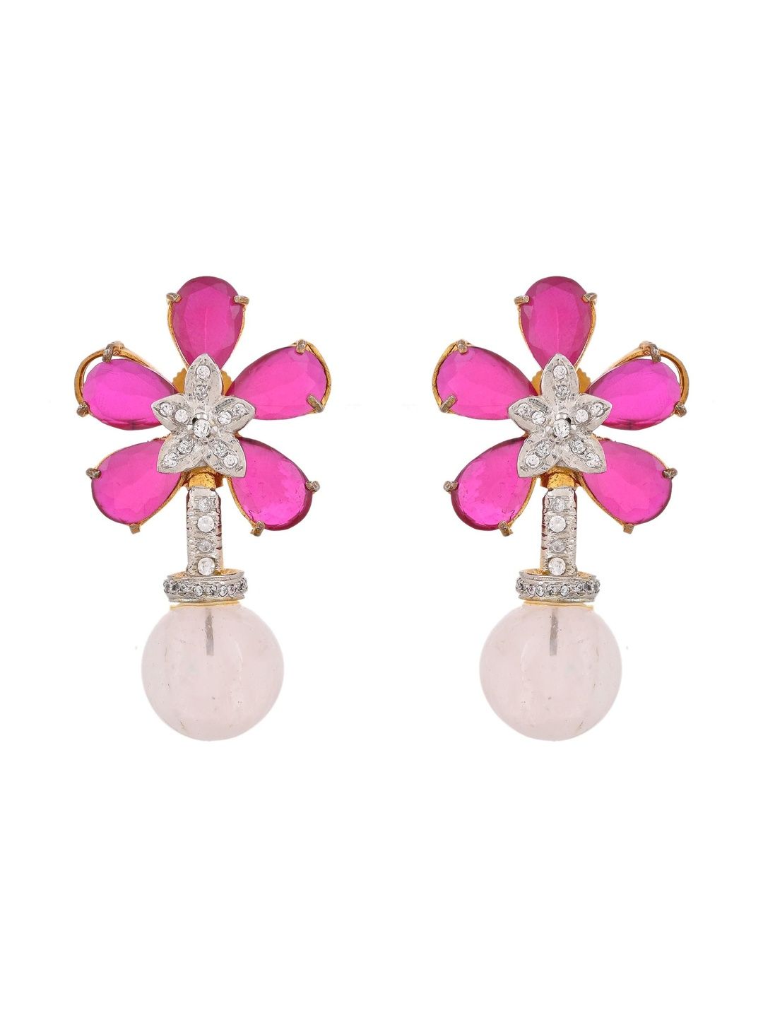 Richlook Rhodium-Plated Artificial Stone And Pearls Beaded Floral Drop Earrings-picture-10