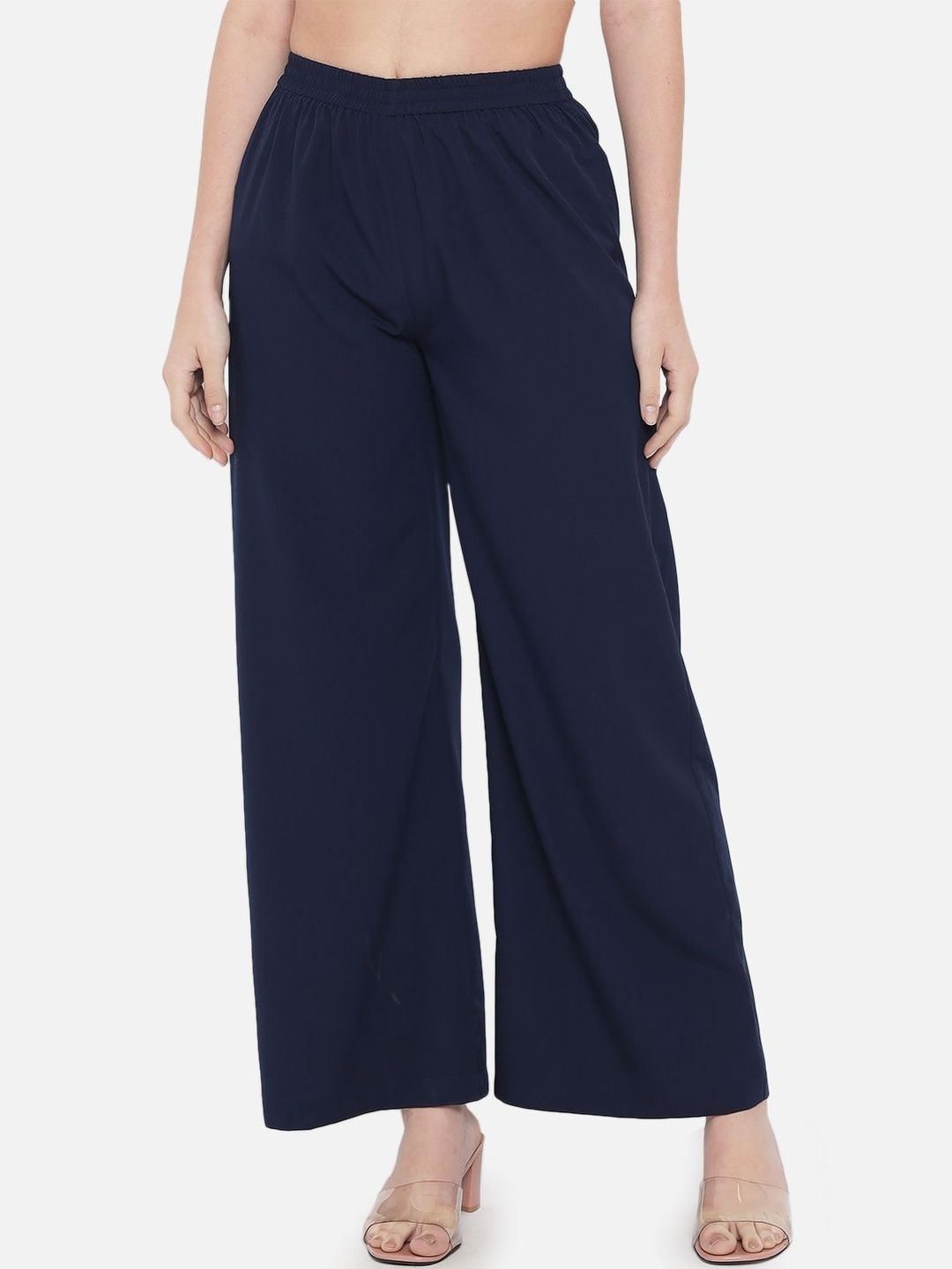 SZN Women Blue Solid Crepe Straight Palazzos-image-21