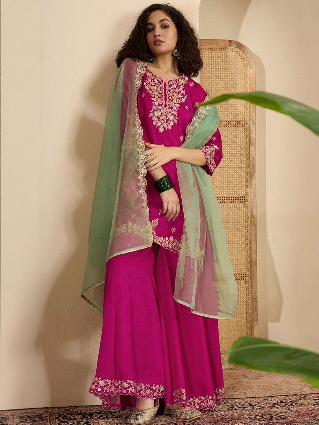 Sangria Floral Embroidered Zari And Sequinned Straight Kurta With Sharara & Dupatta