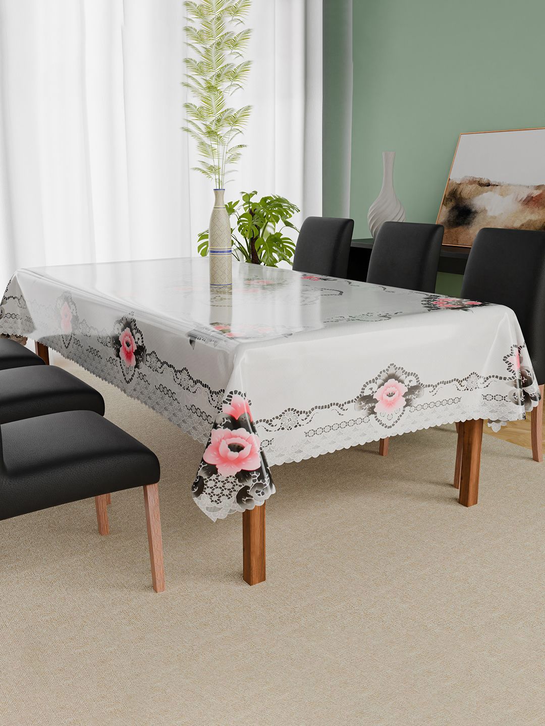 Kuber Industries White Floral Waterproof Plastic 6-Seater Table Cover-picture-19