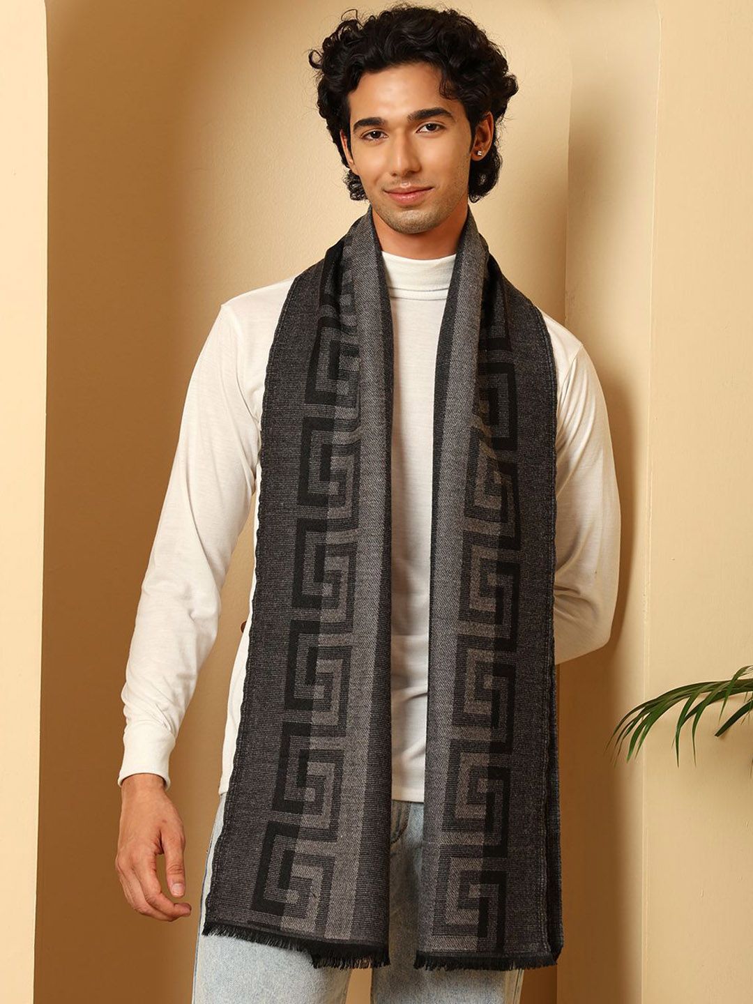 Tweedle Men Self Design Geometric Pattern Soft Woolen Muffler-image-7