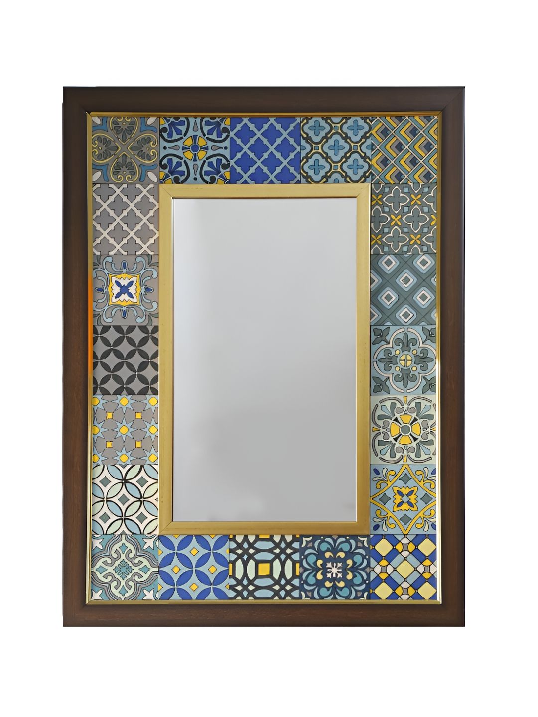 Creative Touch Brown & Blue Printed Wooden Rectangular Shaped Wall Mirror-picture-37