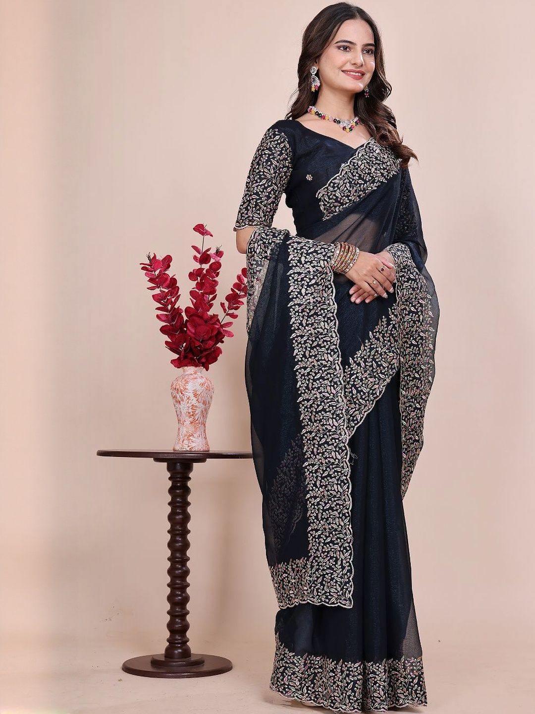K 5 Fashion Ethnic Motifs Embroidered Tissue Saree-picture-31