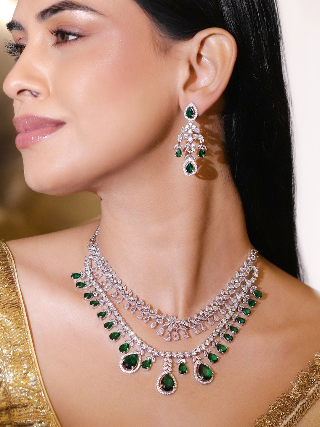 rubans Women Rhodium-Plated Emerald Green & Cubic Zirconia Layered Luxe Statement Necklace Set-picture-34