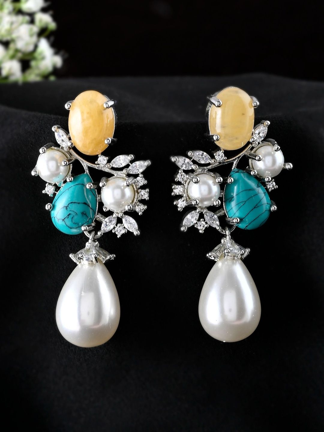 Richlook Turquoise Studded And Pearls Beaded Teardrop Shaped Drop Earrings-picture-5