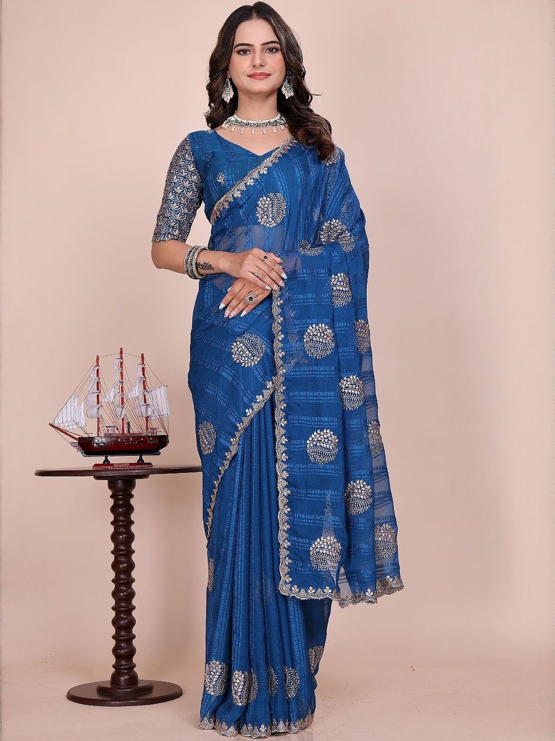 K 5 Fashion Women Ethnic Motifs Embellished Mukaish Heavy Work Saree-picture-39