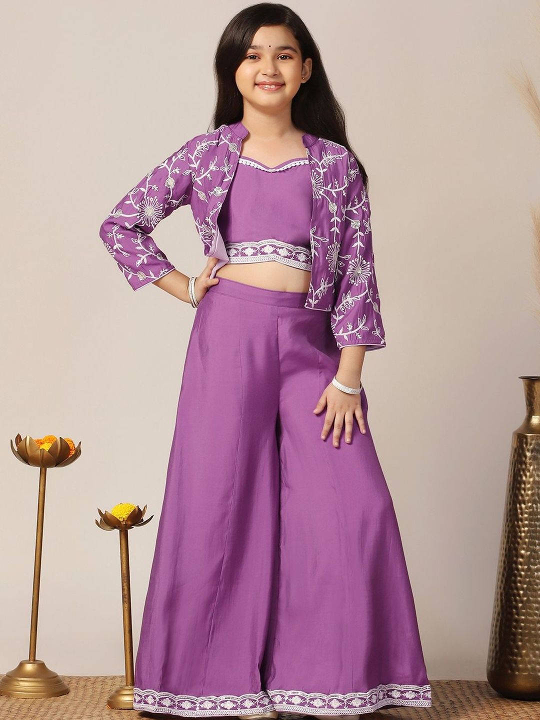 FASHION DREAM Girls Ethnic Motifs Embroidered Regular Thread Work Top with Palazzos