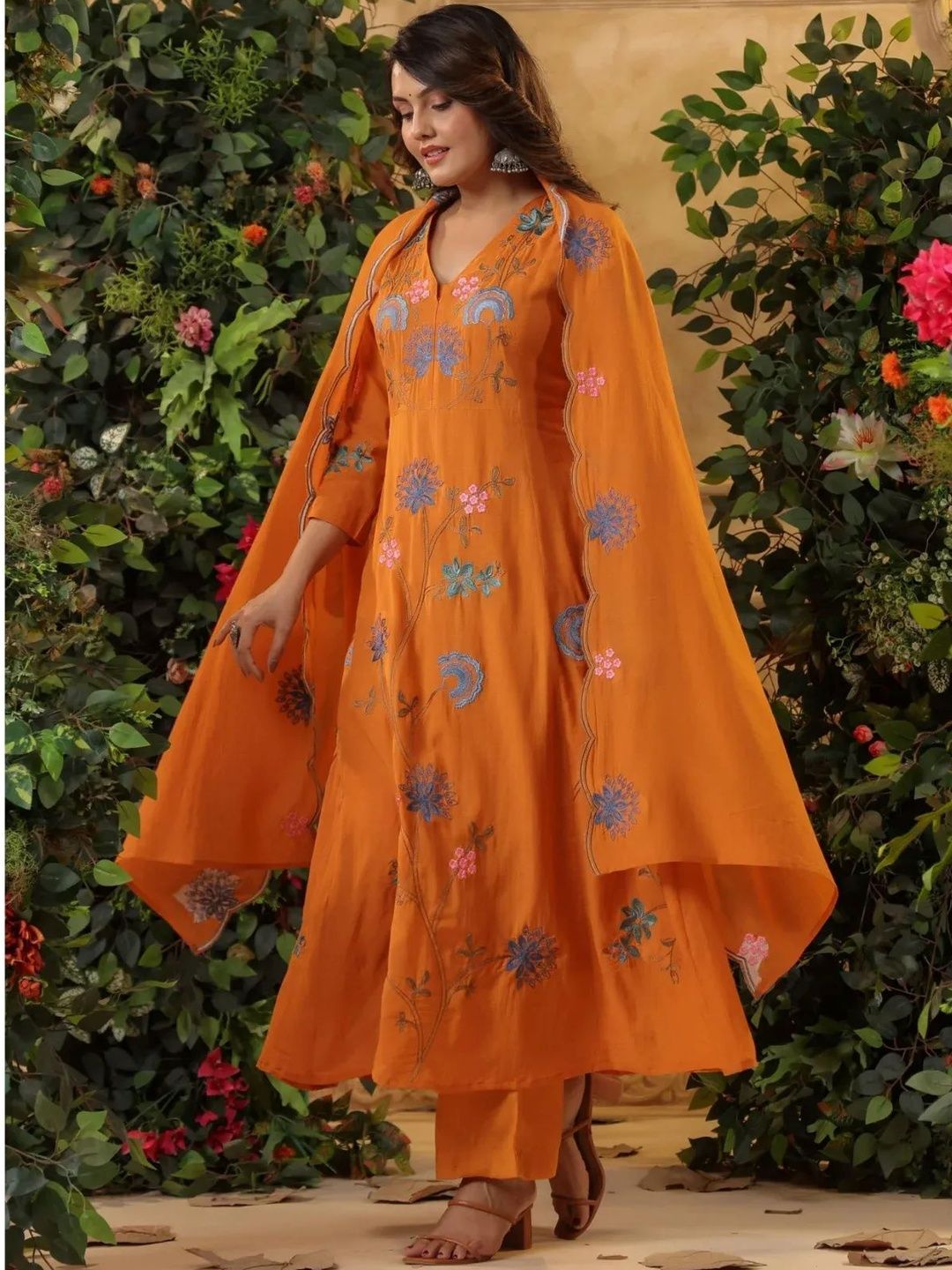 J.KANJI Floral Embroidered V-Neck Thread Work Kurta With Trouser & Dupatta-picture-32