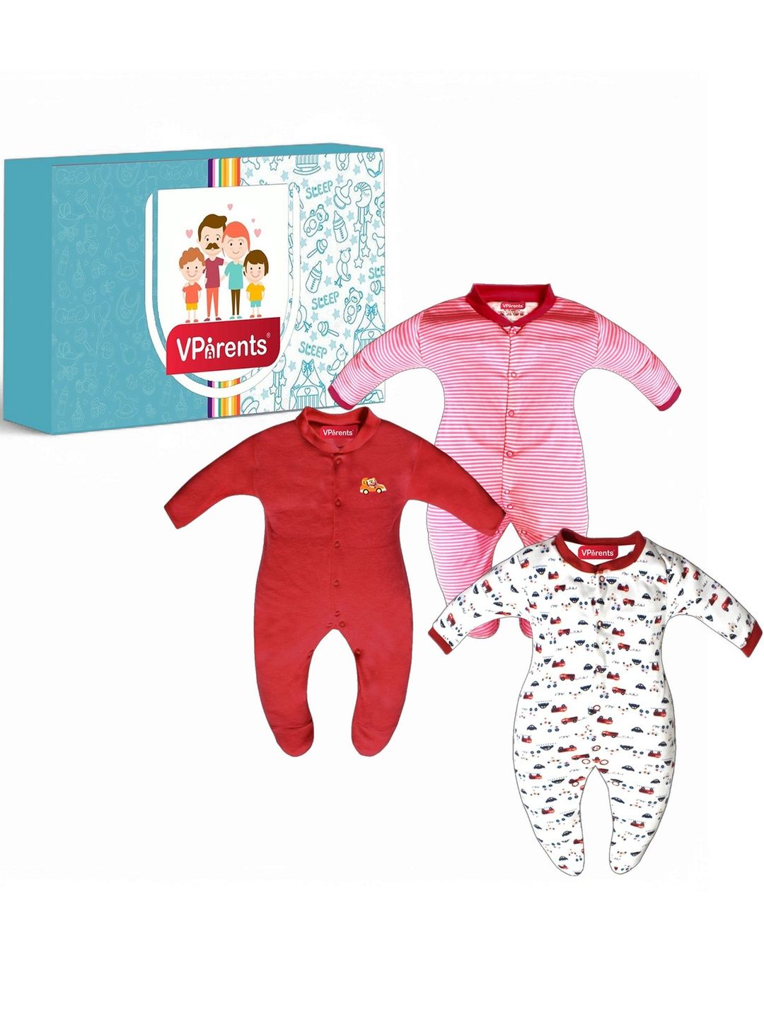 VParents Kids Pack of 3 Full Length Printed Baby Footies Sleepsuit Rompers-picture-28