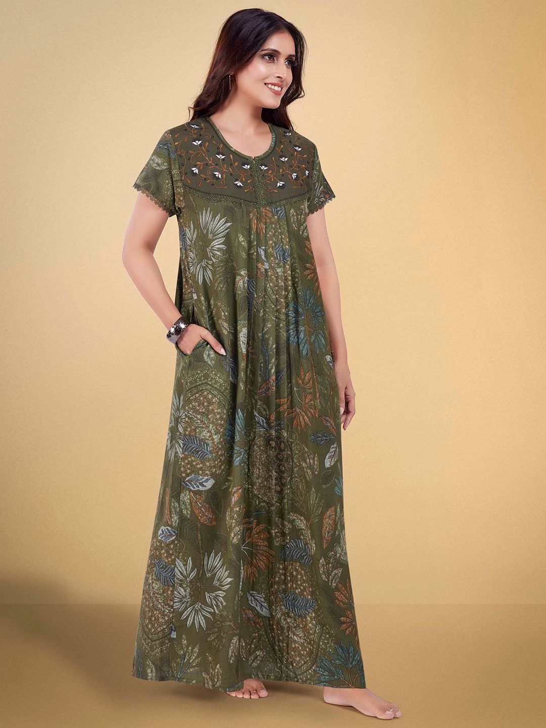 BellaMora Women Floral Embroidered Maternity Maxi Nightdress