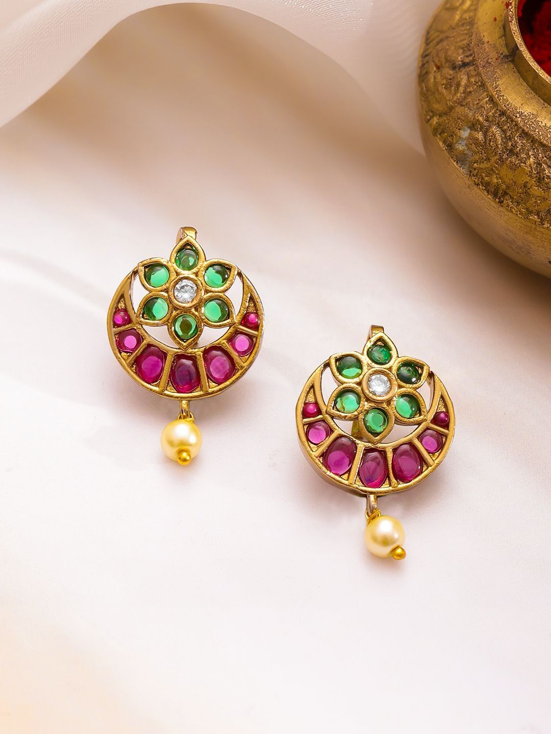 Rubans 22K Gold-Plated Stones Studded & Pearls Beaded Floral Shaped Drop Earrings-picture-20