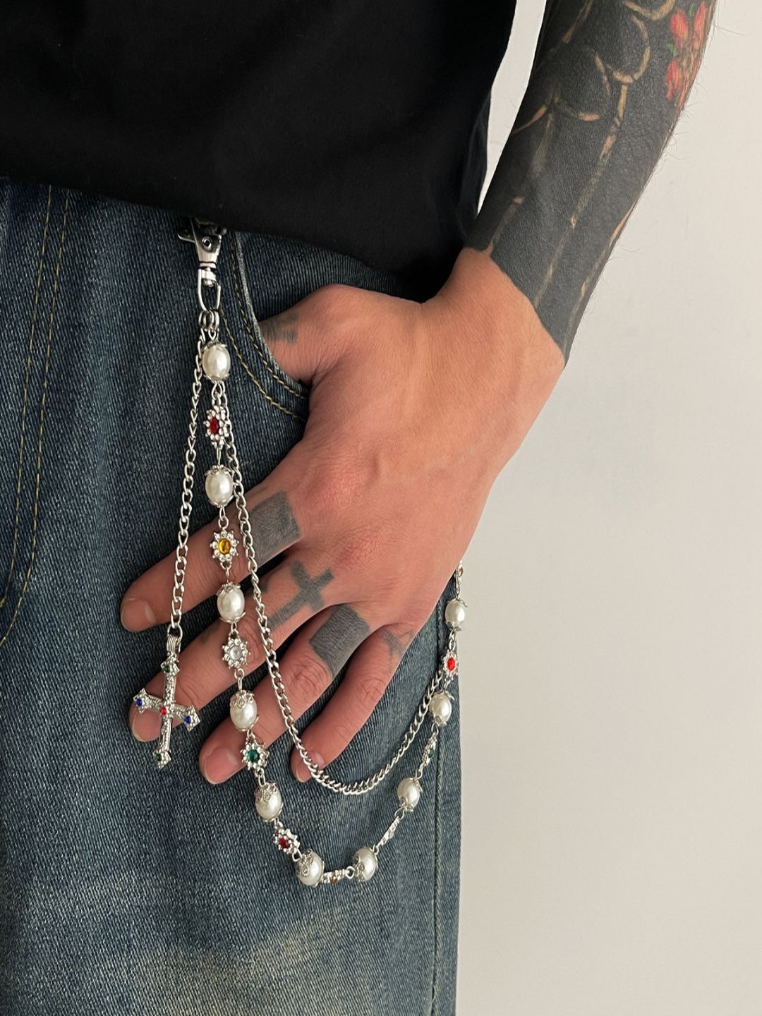 AQUASTREET Unisex Silver-Plated Rhinestone Studded Pearls Beaded Minimal Chain-picture-44
