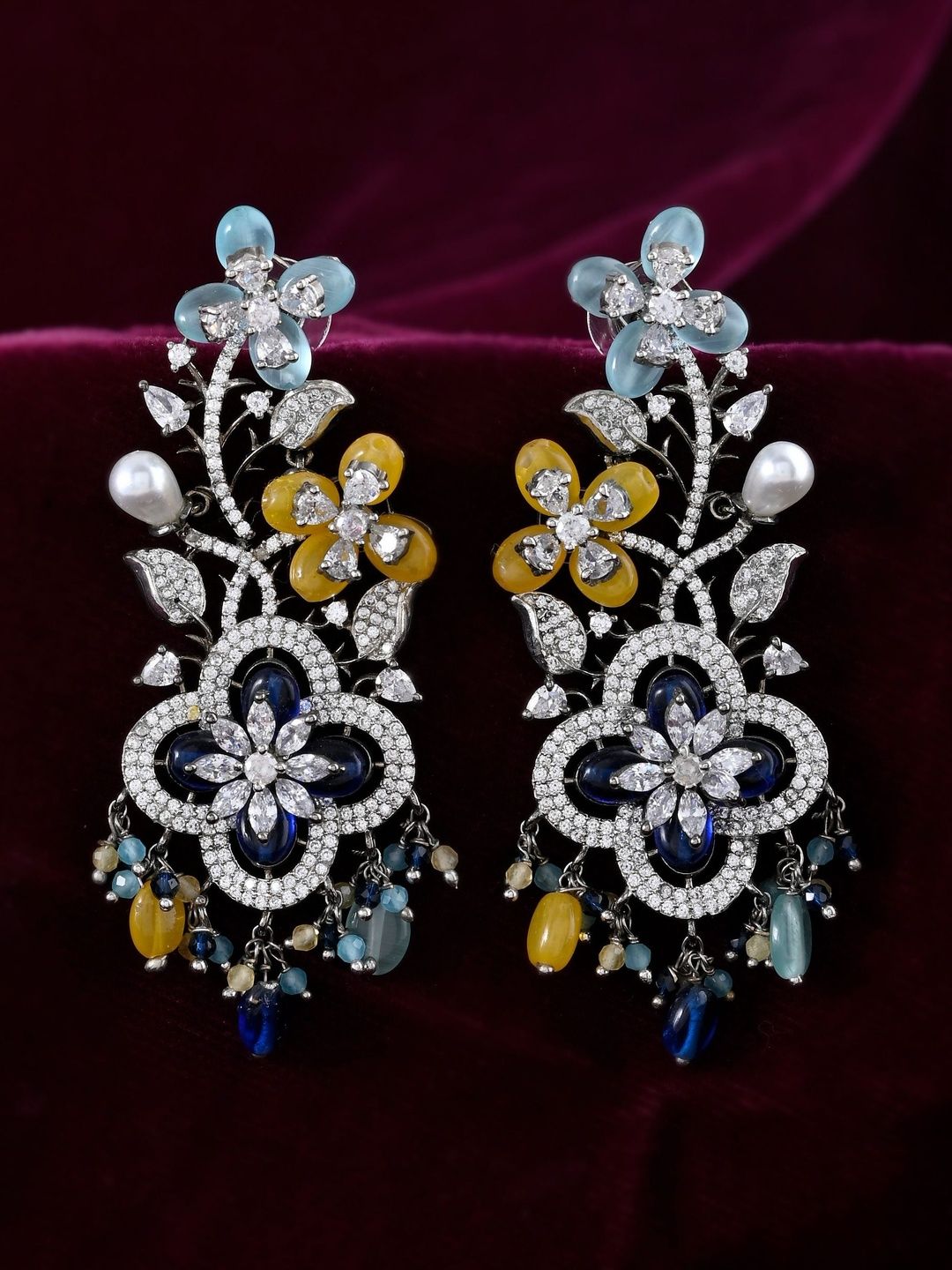 Richlook Rhodium-Plated Artificial Stones Studded and Pearls Beaded Floral Drop Earrings-picture-14