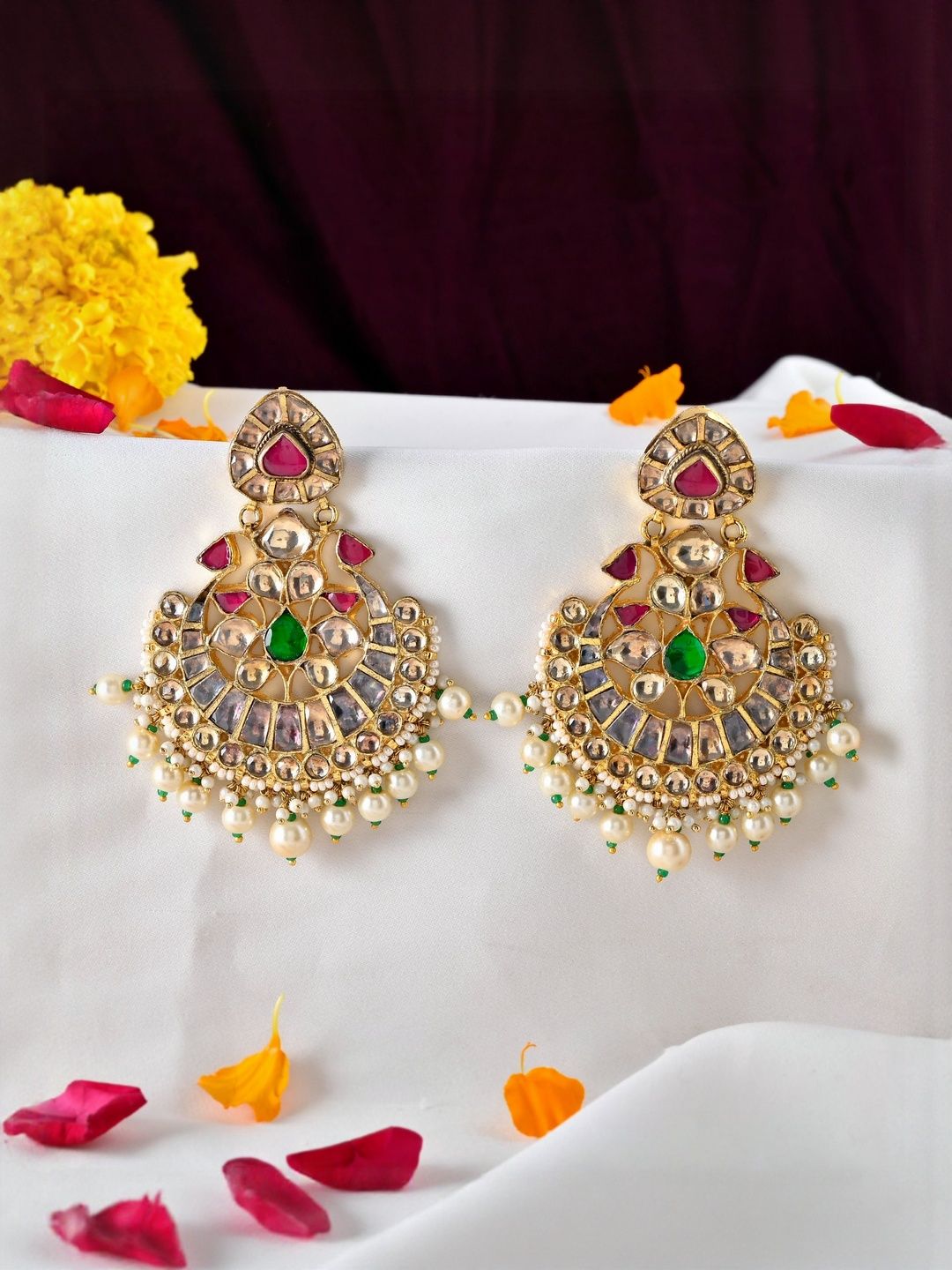 Richlook Rhodium-Plated Stones Studded And Kundan Studed Crescent Shaped Pearls Chandbalis-picture-9