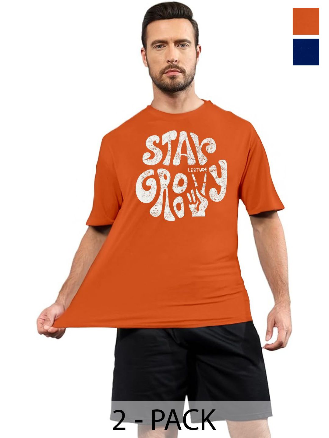 DIAZ Men Pack of 2 Typography Printed Round Neck Cotton Oversized T-shirts-picture-39