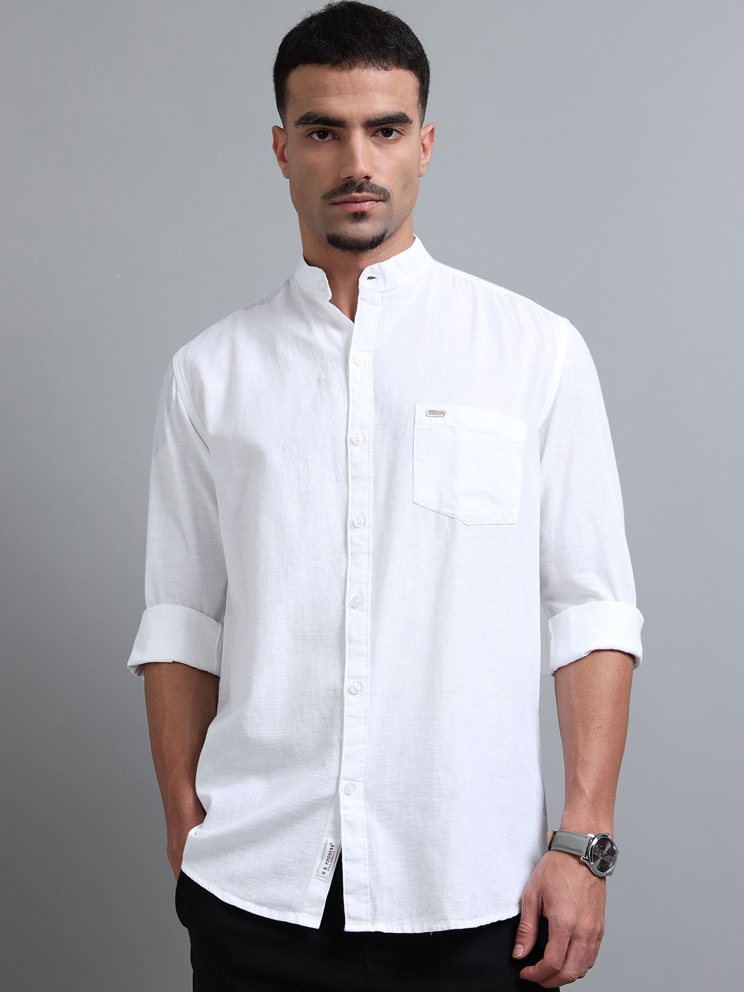 U.S. PITCHERS Men Standard Slim Fit Solid Mandarin Collar Casual Shirt-picture-23