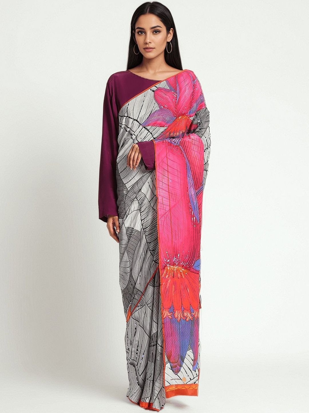 Satya Paul Floral Printed Sequinned Satin Saree-image-40
