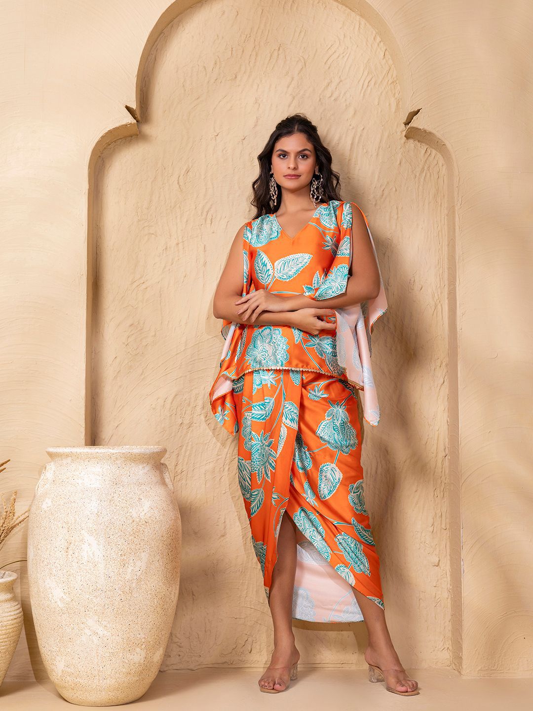 MABISH by Sonal Jain Floral Printed V-Neck Kaftan Top With Skirt Co-Ords