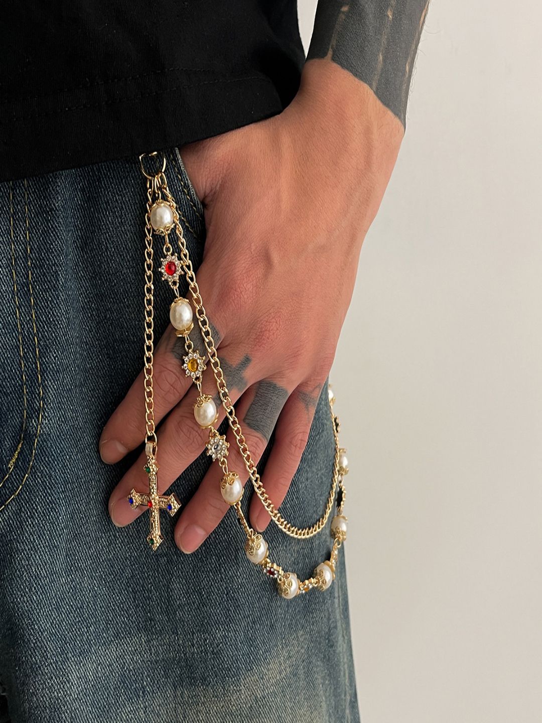 AQUASTREET Mens Gold Plated Anti-Tarnish Two Layer Rhinestone With Pearl Cross Pant Chain-image-36