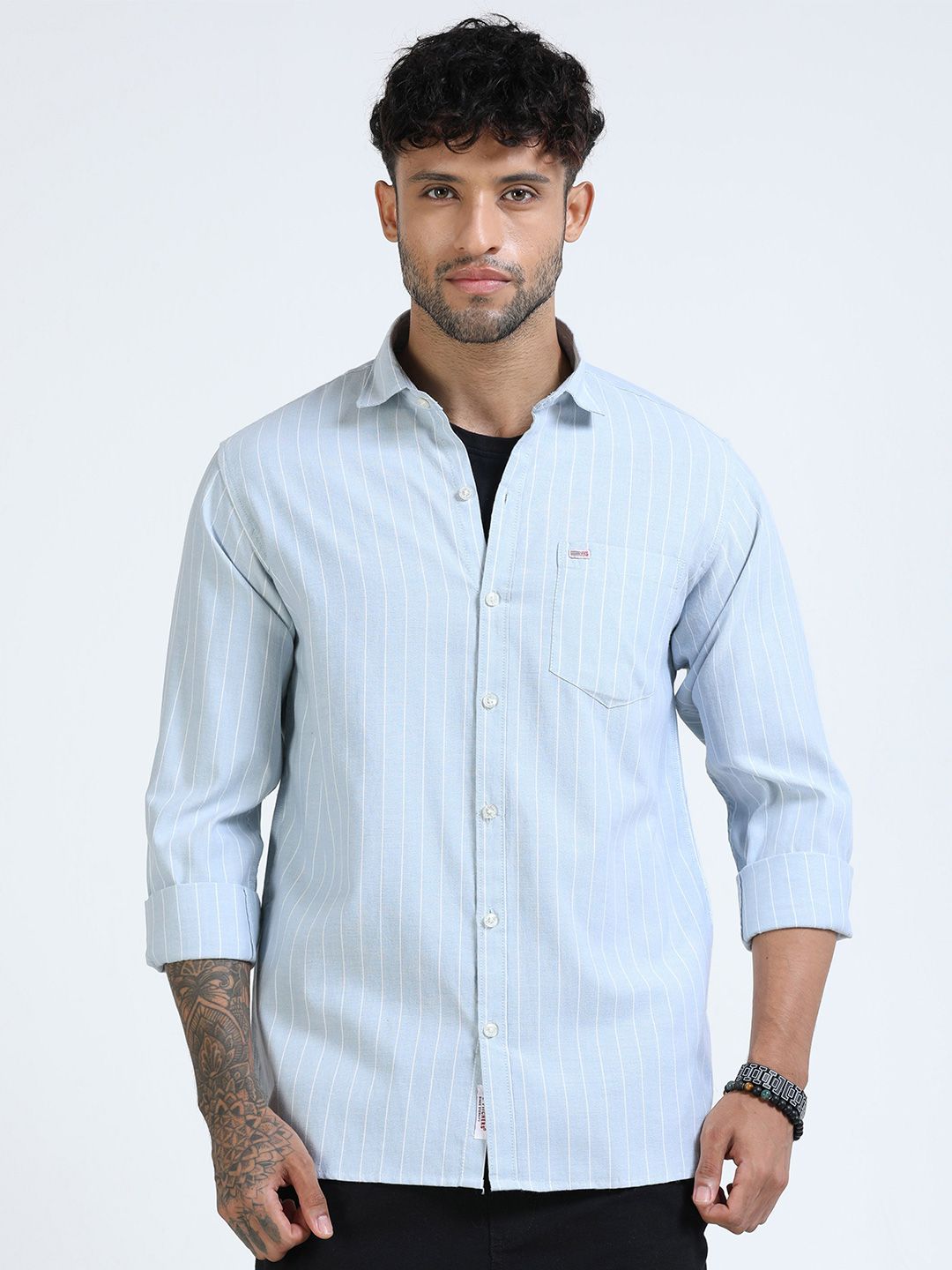 U.S. PITCHERS Men Standard Slim Fit Vertical Striped Spread Collar Cotton Casual Shirt-picture-15