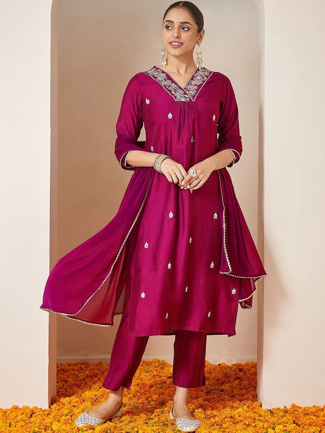 Janasya Women Floral Embroidered Pleated Sequinned Straight Kurti with Trousers & Dupatta-picture-39