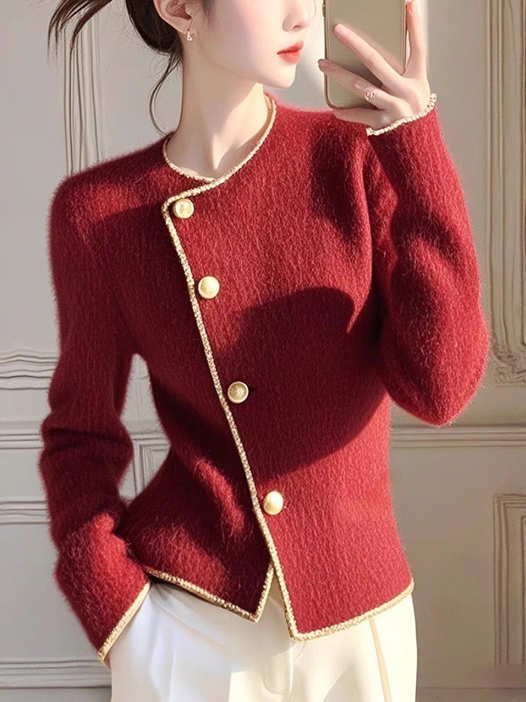 HERE&NOW Women Red Long Sleeves Round Neck Sweaters-picture-56