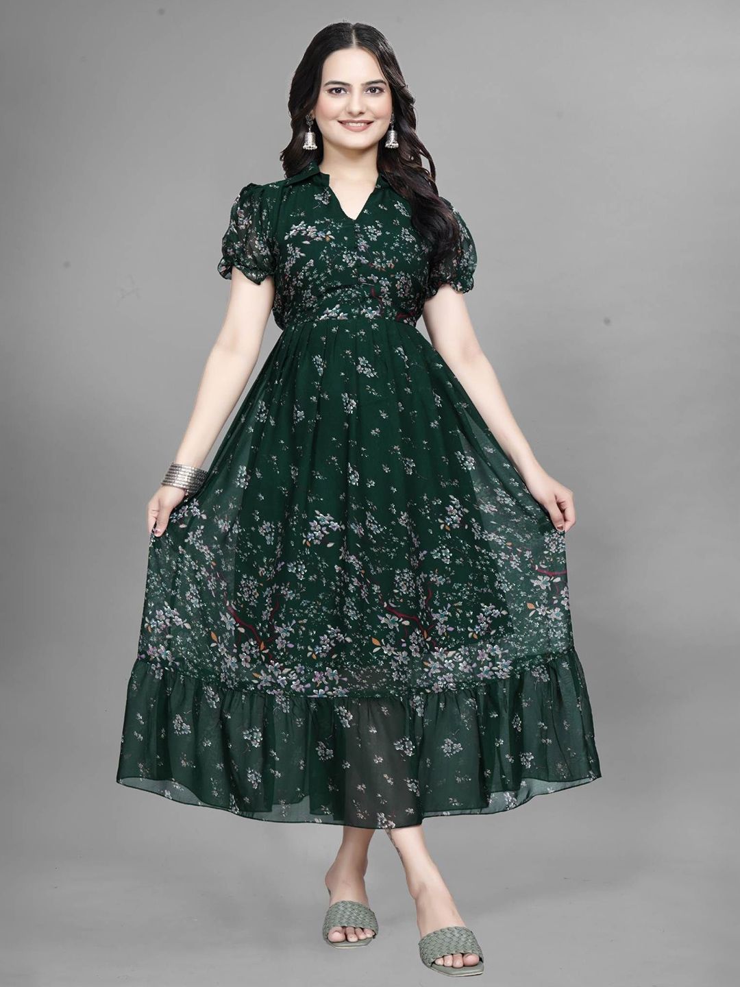 QENA Women Floral Printed Mandarin Collar Neck Fit & Flared Ethnic Dress-image-28