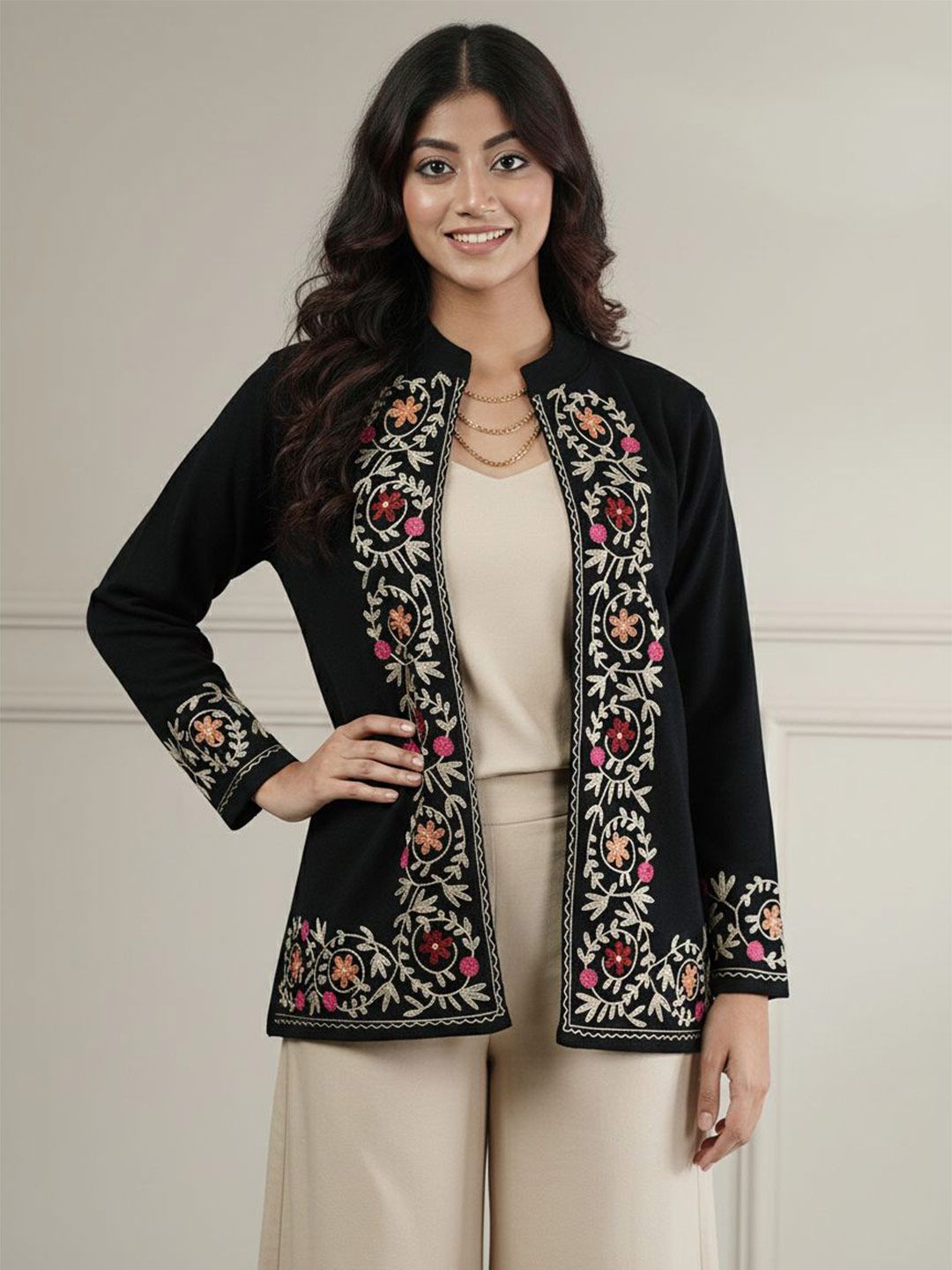 Zamour Floral Embroidered Mandarin Collar Open Front Shrug-picture-40