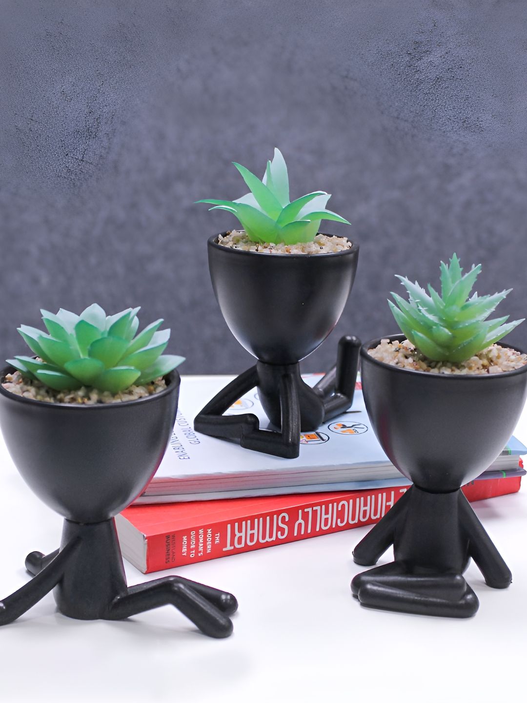 TIED RIBBONS 3 Pieces Green And Black Succulent Artificial Plant With Pot