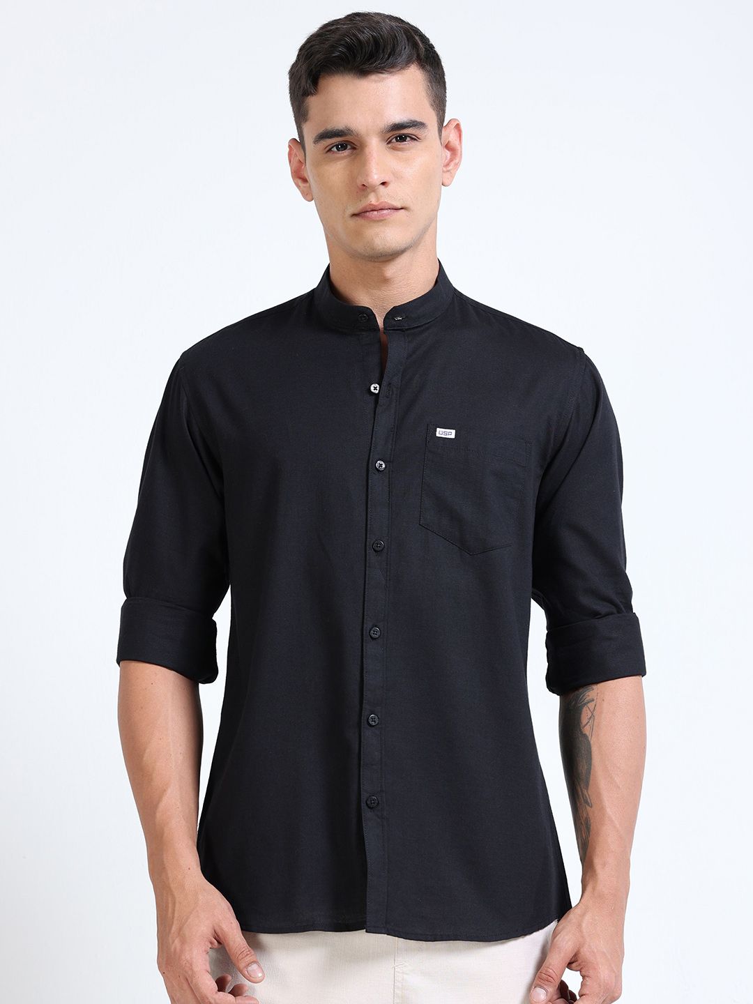 U.S. PITCHERS Men Standard Slim Fit Solid Mandarin Collar Casual Shirt-picture-17