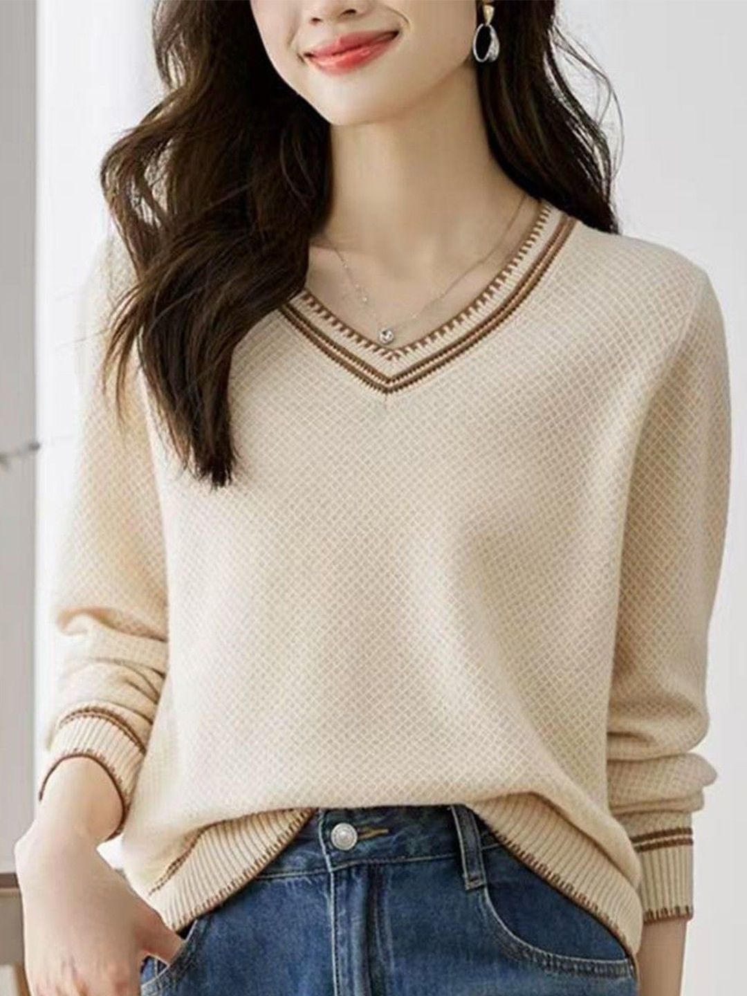 Mast & Harbour Women Milk Apricot Long Sleeves V-Neck Pullover-picture-40