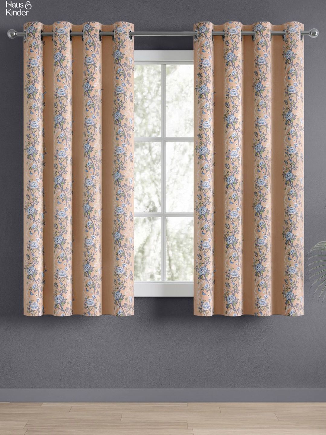 haus & kinder Blue & Peach Floral Room Darkening Pure Cotton Window Curtains-picture-23