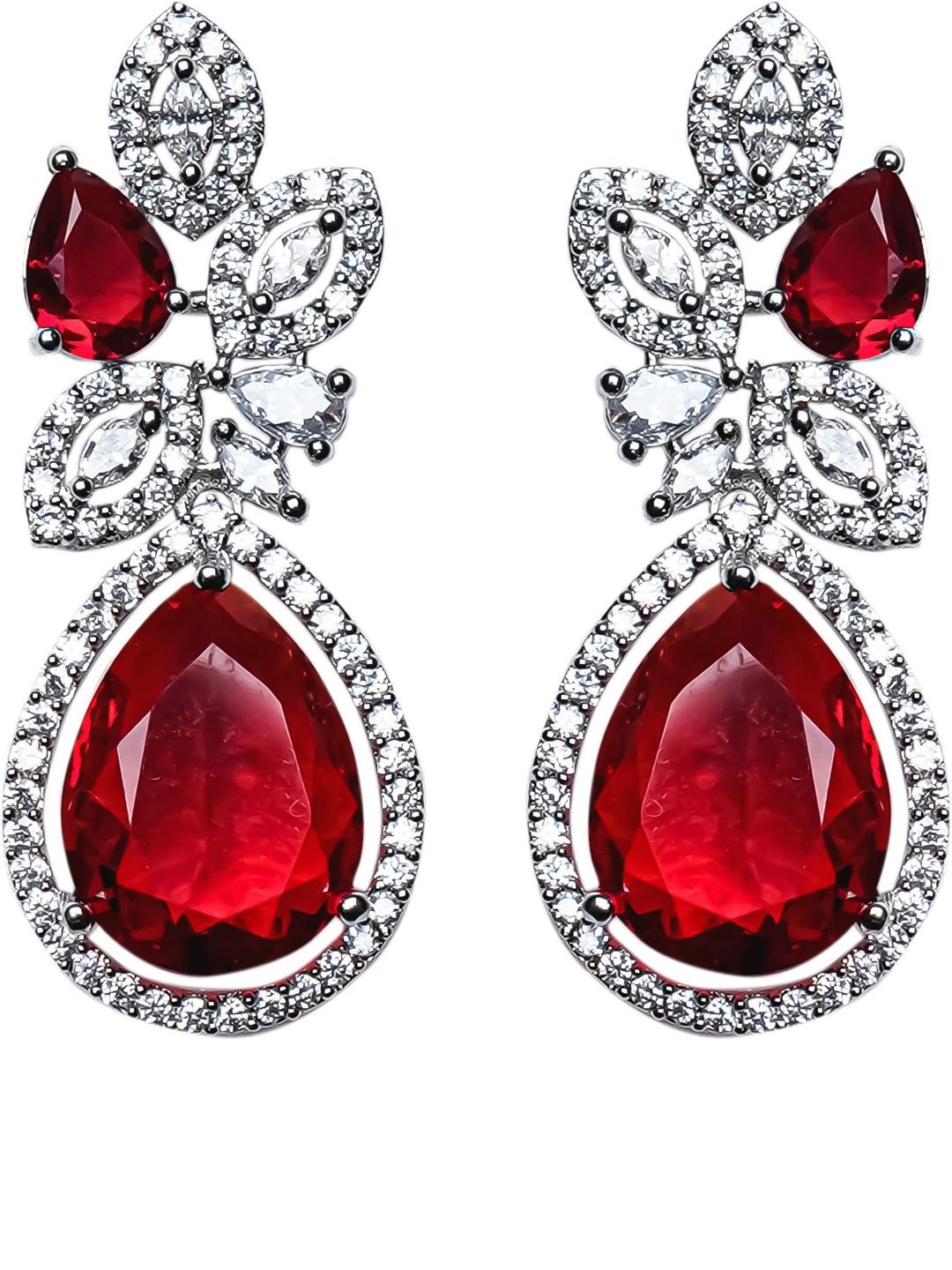 Moon Ron Rhodium-Plated Cubic Zirconia Studded Teardrop Shaped Drop Earrings-picture-29