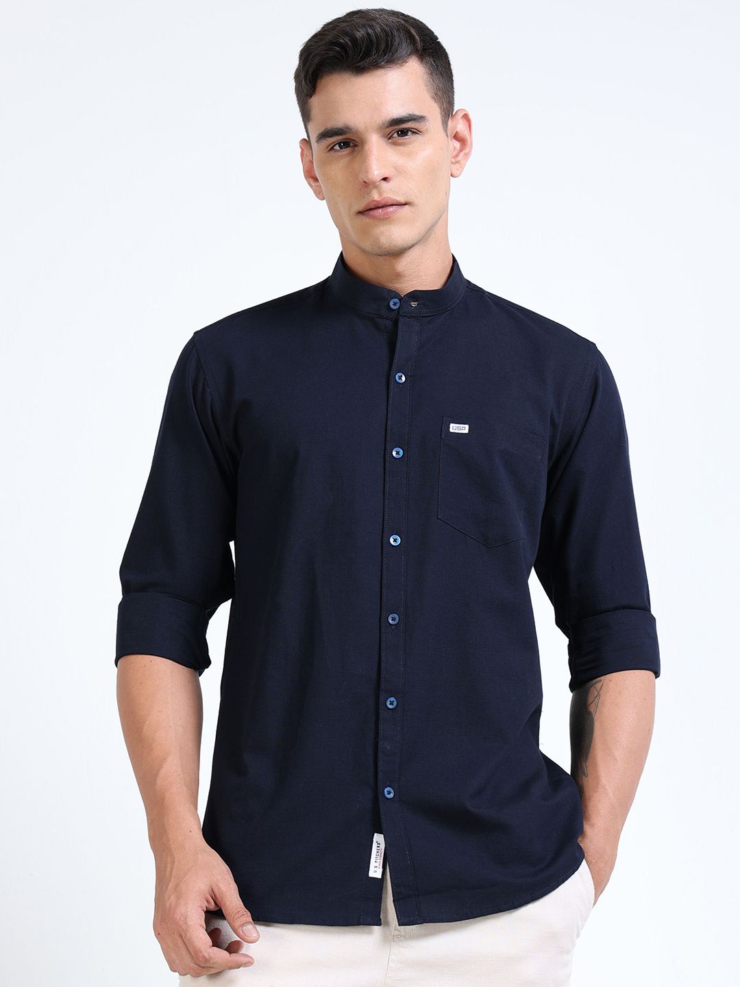 U.S. PITCHERS Men Standard Slim Fit Solid Mandarin Collar Casual Shirt-picture-28