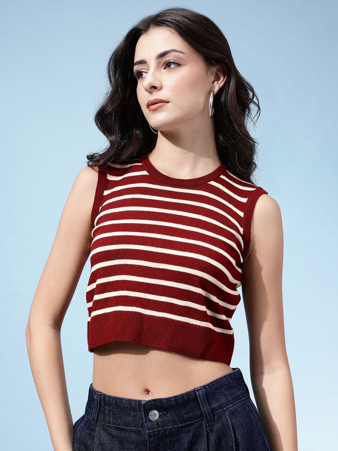 glitchez Self-Striped Crop Sweater Vest-image-2