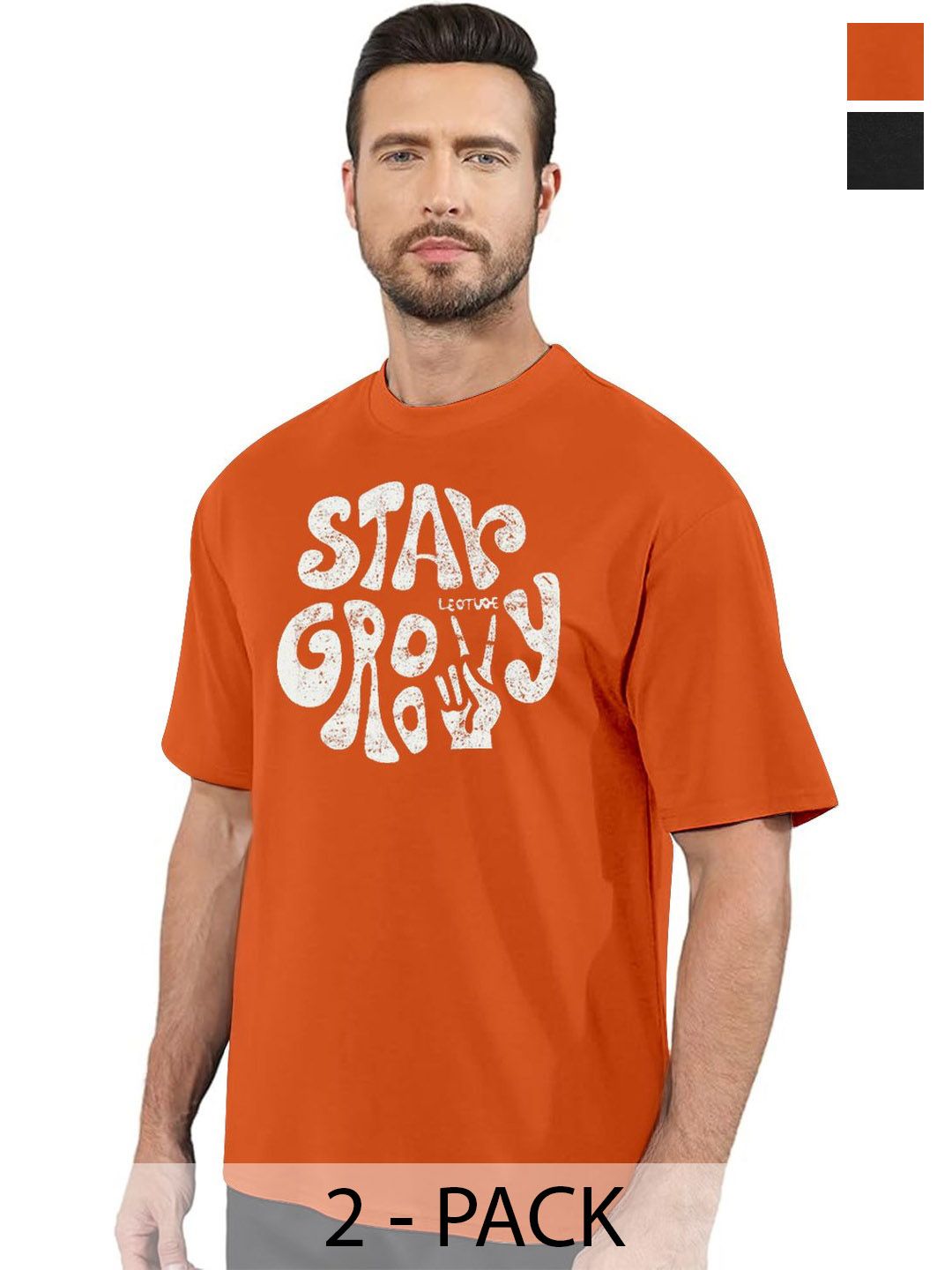 DIAZ Men Pack of 2 Typography Printed Round Neck Cotton Oversized T-shirts-picture-37