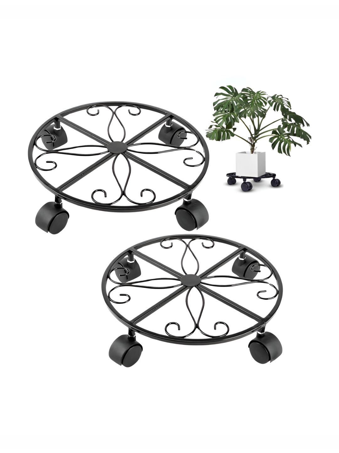 ecofynd Black 2 Pieces Round Plant Stand With Wheels-image-14