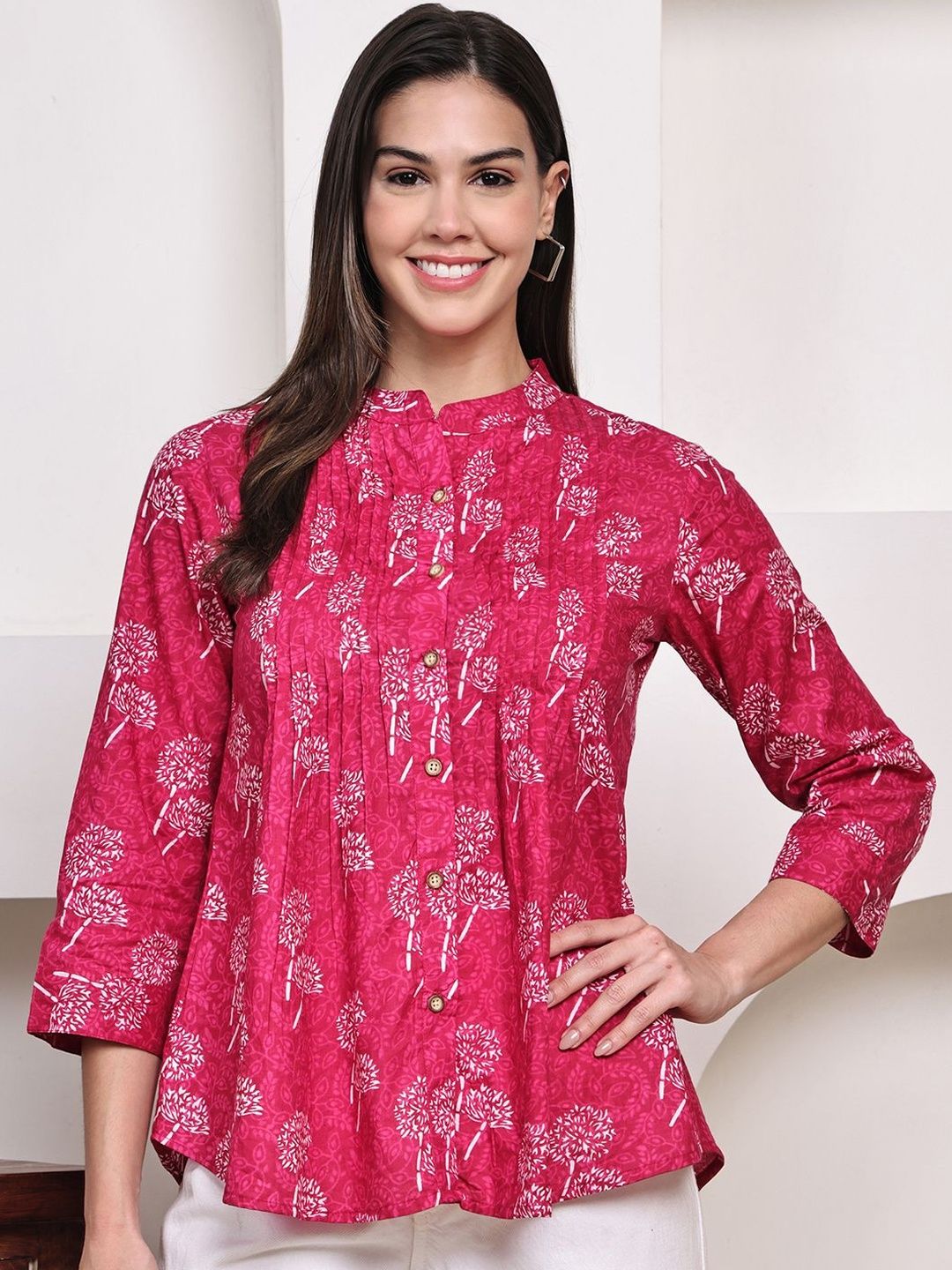 Moda Rapido Women Floral Print Mandarin Collar Cotton Empire Top-picture-33