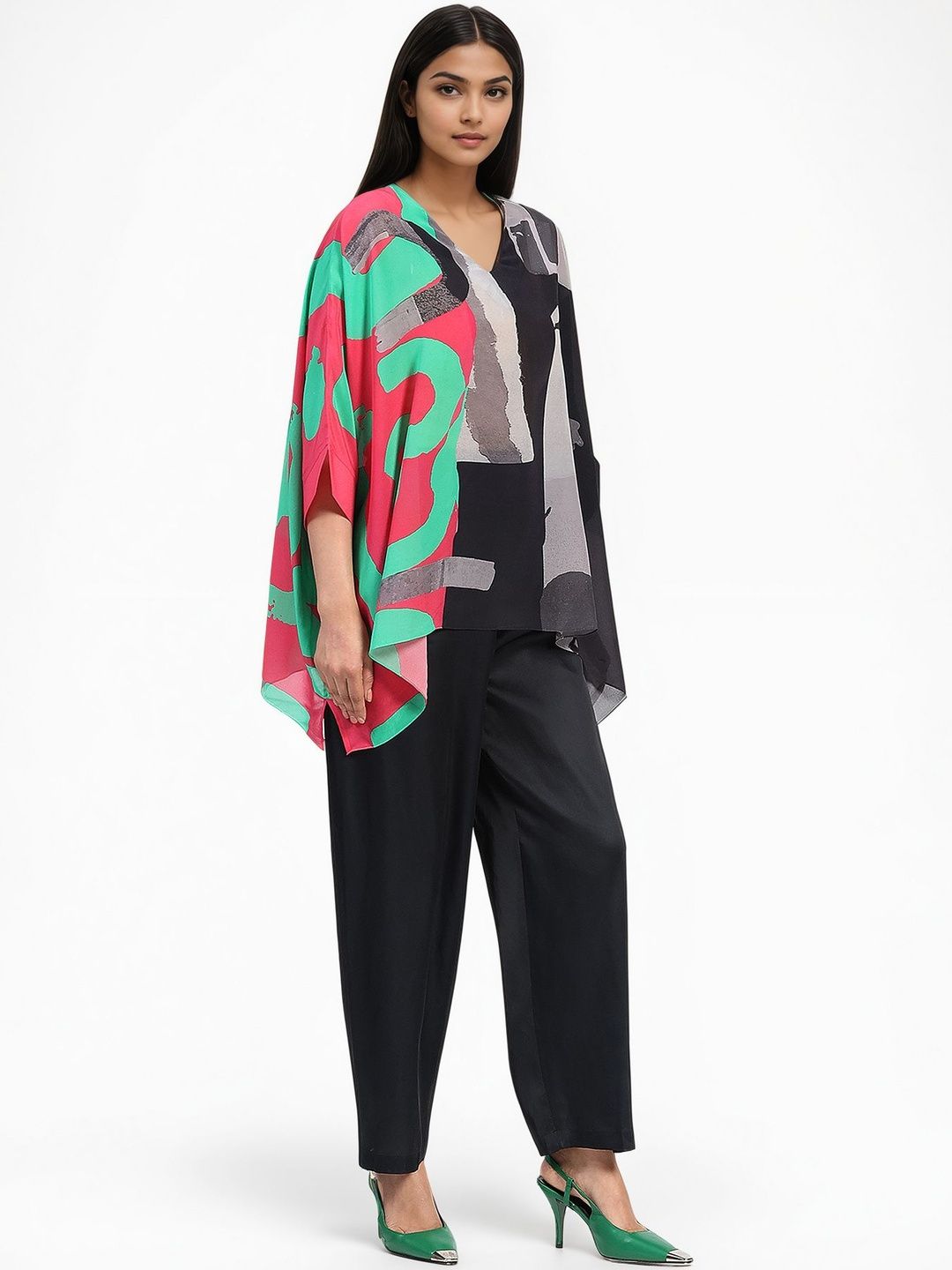 Satya Paul Ebony Flow Women Abstract Print Batwing Sleeve Crepe Kaftan Top-picture-56