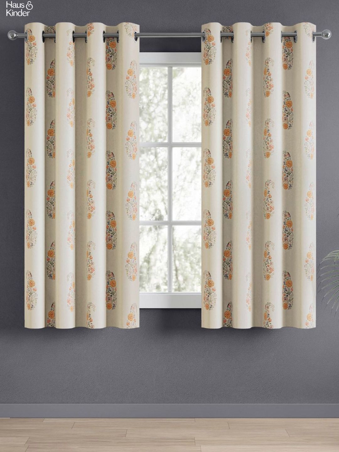 haus & kinder White & Orange Floral Room Darkening Pure Cotton Window Curtains-picture-37