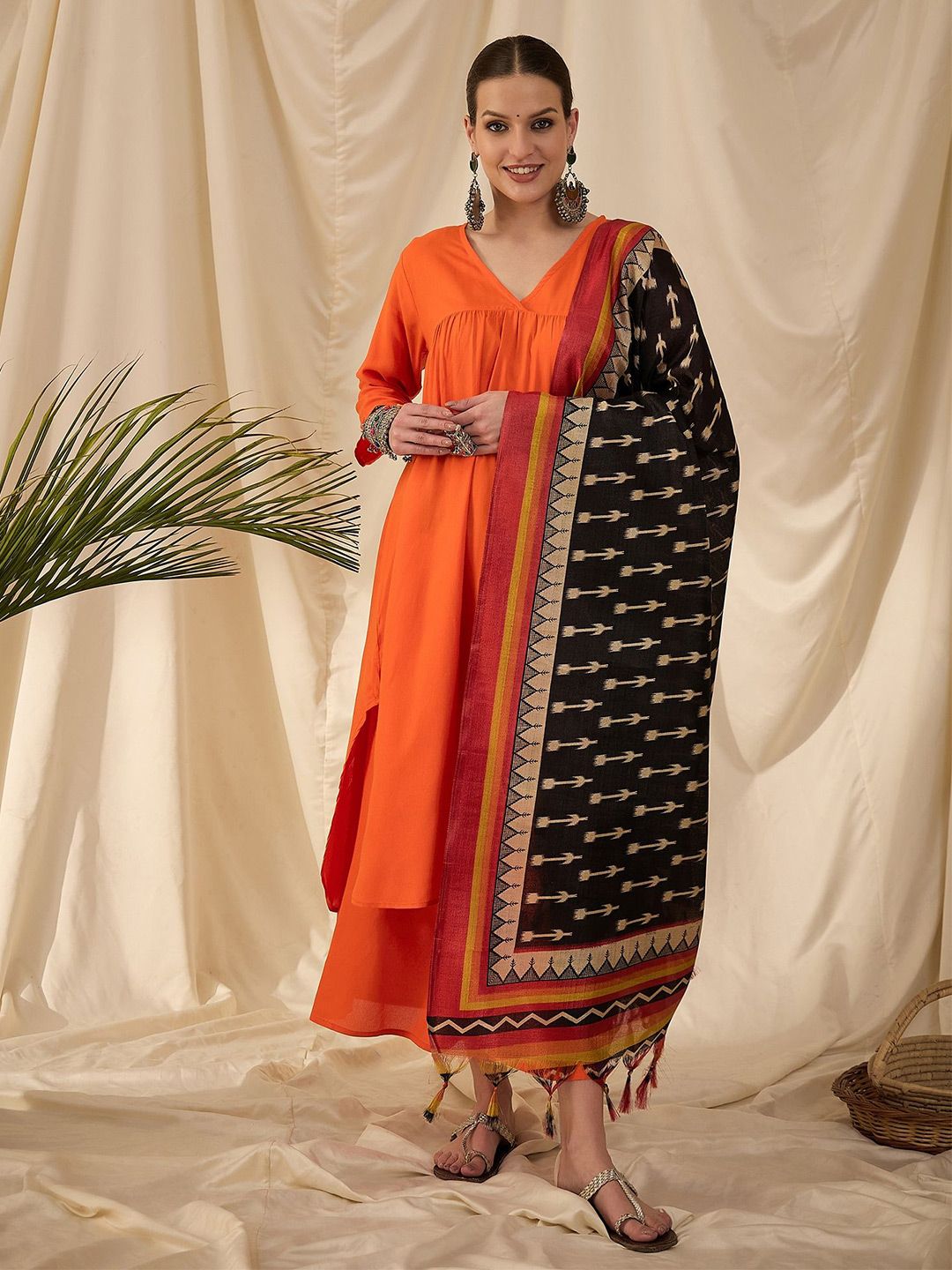 InWeave Floral Printed Tasselled Ikkat Dupatta-picture-37