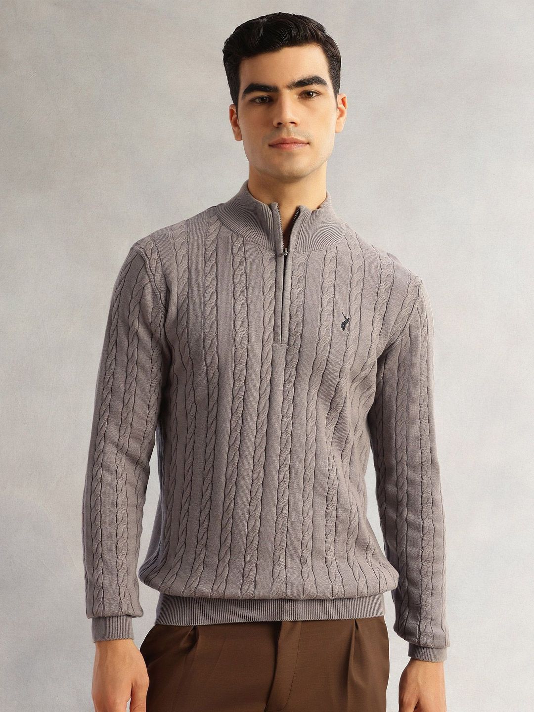 Thomas Scott Men Cable Knit Mock Collar Pullover Sweaters with Embroidered Detail-picture-37